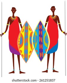 Two cartoon Masai warriors with brightly colored shields and spears