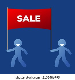 Zwei Cartoon-Männer tragen ein Poster mit der Aufschrift SALE auf dunkelblauem Hintergrund. Für die Gestaltung einer Website, ein Geschäft, die Erstellung eines Werbebanners, ein Design-Konzept. Vektorgrafik.