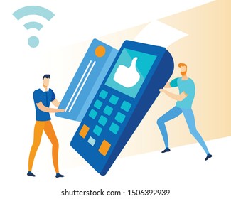 Two Cartoon Men Characters Using Cashless Payments Service. POS Terminal Confirming Pay by Debit or Credit Card. NFC Transactions. Wireless Money Transfer Method. Vector Flat Illustration