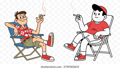 Two cartoon men are depicted relaxing in folding chairs, each smoking a cigarette with a casual expression, rendered in a clean, flat design graphic style.