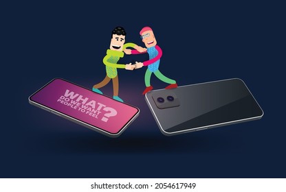 Two cartoon men greet standing on mobile phones. Vector banner