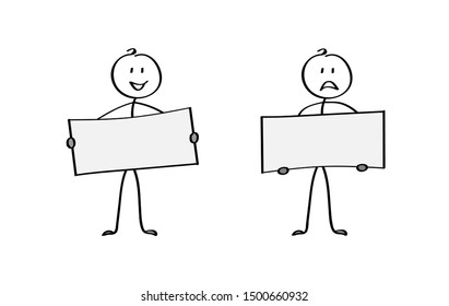 Two cartoon men holding posters, space for text. Flat design.