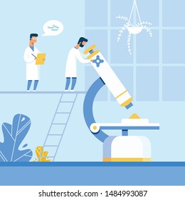 Two Cartoon Men Scientists Working on Creation New Pills. Bearded Man Researcher Examining Chemical Powder for Drugs via Huge Microscope. Head Doctor Making Notes. Vector Flat Illustration