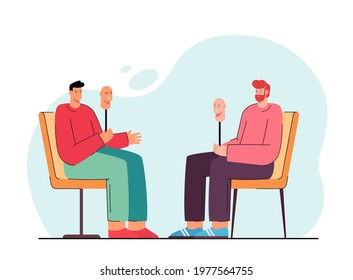 Two cartoon men taking off their masks, becoming sincere. Flat vector illustration. Men sitting opposite each other, holding face masks, hiding feelings. Dissimulation, honesty, disguise concept