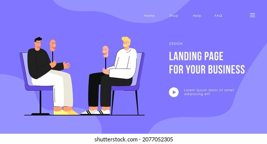 Two cartoon men taking off their masks, becoming sincere. Flat vector illustration. Men sitting opposite each other, holding face masks, hiding feelings. Dissimulation, honesty, disguise concept