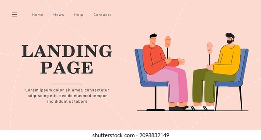 Two cartoon men taking off their masks, becoming sincere. Flat vector illustration. Men sitting opposite each other, holding face masks, hiding feelings. Dissimulation, honesty, disguise concept