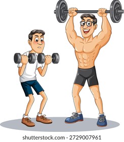 Dois homens de desenho animado halterofilismo, um musculoso e confiante, um magro e nervoso, estilo vetorial