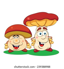 Two cartoon merry mushrooms on a white background.