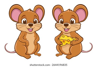 Dois ratos de desenho animado com orelhas grandes e olhos expressivos, um à direita segura um pedaço de queijo amarelo com buracos, ilustração alegre e brincalhão
