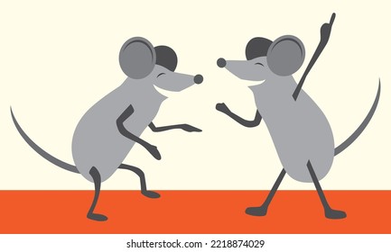 Two cartoon mice are laughing and dancing the night away