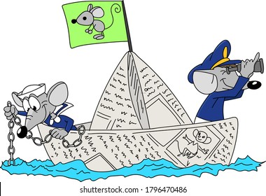 Two cartoon mice sailing together on a paper boat vector illustration for children