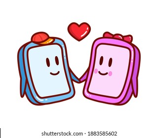 Two cartoon mobile phone characters. Characters hold hands. Romantic vector illustration can be used for t-shirt, poster, card print, mug, phone case, stickers.