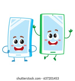 Two cartoon mobile phone characters, one arms akimbo, another jumping happily, vector illustration isolated on white background. Two cartoon mobile phone, smartphone characters