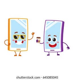 Two cartoon mobile phone characters, one in funky sunglasses, another holding paper coffee cup, vector illustration isolated on white background. Two cartoon mobile phone, smartphone characters
