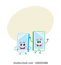 Two cartoon mobile phone characters, one arms akimbo, another jumping happily, vector illustration with space for text. Two cartoon mobile phone, smartphone characters