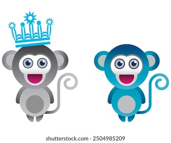 Two cartoon monkeys, one wearing a crown with stars, the other smiling widely. Perfect for kids’ decor and educational materials.