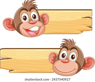 Two cartoon monkeys peeking behind wooden planks.