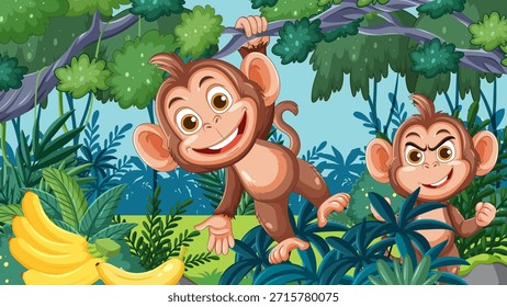 Two cartoon monkeys play in dense jungle foliage, vibrant colors, cheerful expressions, vector illustration