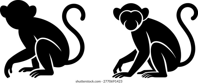Two cartoon monkeys sitting and reaching for objects on the ground