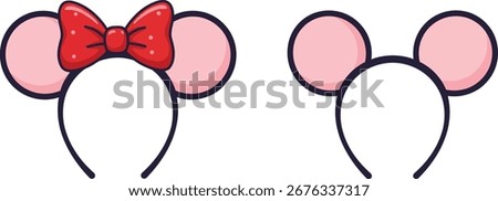 Two cartoon mouse ear headbands, one with a red bow, isolated on a white background. Cute and whimsical design.