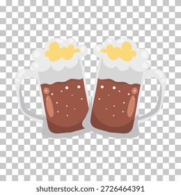 Dos tazas de dibujos animados de cerveza oscura con espumosas cabezas blancas y amarillas tintineando juntas en un brindis de celebración, sobre un fondo transparente.
