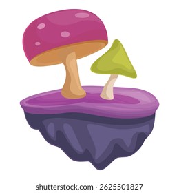Two cartoon mushrooms growing on a floating island with purple soil against a white background