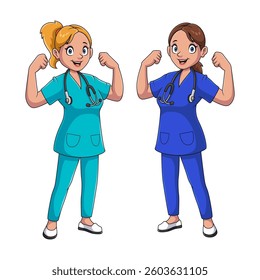 two cartoon nurses in different uniforms with strong hand poses