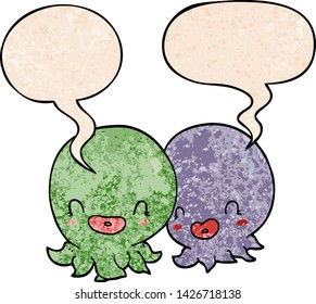 two cartoon octopi  with speech bubble in retro texture style