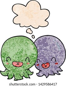two cartoon octopi  with thought bubble in grunge texture style