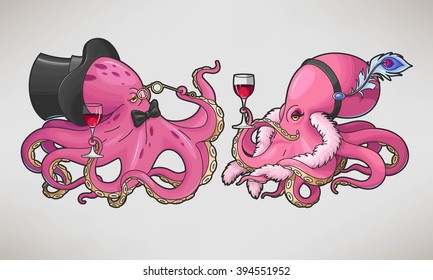 Two cartoon octopuses in retro costumes