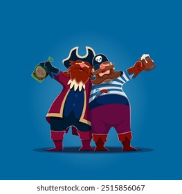 Dos viejos piratas o corsarios de dibujos animados, personajes borrachos con botellas de ron, personajes de Vector. Marineros piratas abrazando a hombres borrachos o contramaestre corsario y filibustero en sombrero tricornio con parche en el ojo y cráneo