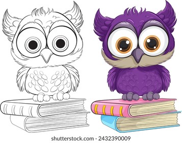 Two cartoon owls perched on colorful books
