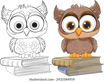 Two cartoon owls perched on stacked books