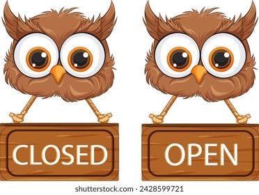 Two cartoon owls with signboards showing status