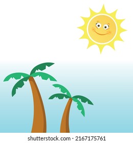 Zwei Cartoon-Palmen auf einem blauen Himmel und eine lächelnde Sonne. Vektorgrafik.