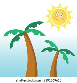 Two cartoon palm trees against a blue sky and a smiling sun. Vector illustration.
