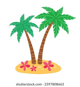 Two cartoon palm trees on a small island with pink flowers. Vibrant, tropical illustration. Ideal for summer, vacation, or nature themes. Vector illustration