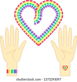 Two cartoon palms (with a wristband and a heart tattoo) and a large rainbow dotted heart between them vector