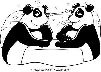 Two cartoon pandas on a date and in love.