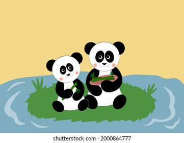 two cartoon pandas sitting and eating bamboo