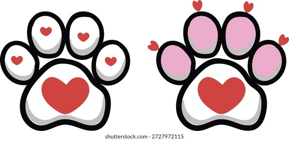 Two cartoon paw prints with red hearts love animal