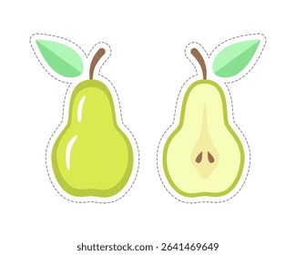 Two cartoon pears stickers with contour isolated on white background.