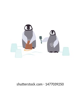 Two cartoon penguins are bulding a snowcastle with bucket and trowel. Playing emperor baby penguins background. Vector illustration.