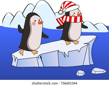 Two cartoon penguins on an ice floe looking forward. One in scarf and a hat. Vector illustration