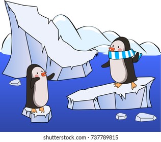 Two cartoon penguins on an ice floes looking and waving each other. One in a blue scarf. Vector illustration