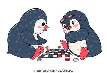  Two cartoon penguins are playing and checkers. Vector illustration.