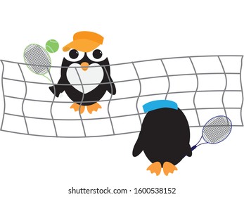 Two Cartoon Penguins Playing Tennis