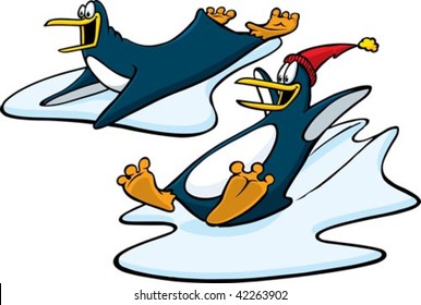 Two cartoon Penguins sliding down an ice slope. Layered vector file.