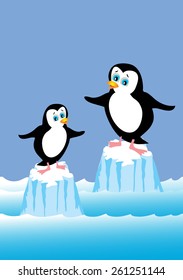 two cartoon penguins stuck on icebergs