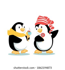 Two cartoon penguins walk side by side eating icecream and lollipop, chat and enjoy the company. Vector illustration isolated on white vackground.
